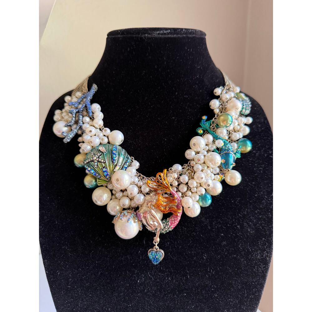 Betsey Johnson Mermaid Necklace Chunky Pearl Sea Blue Pink  Charm Statement Bib
